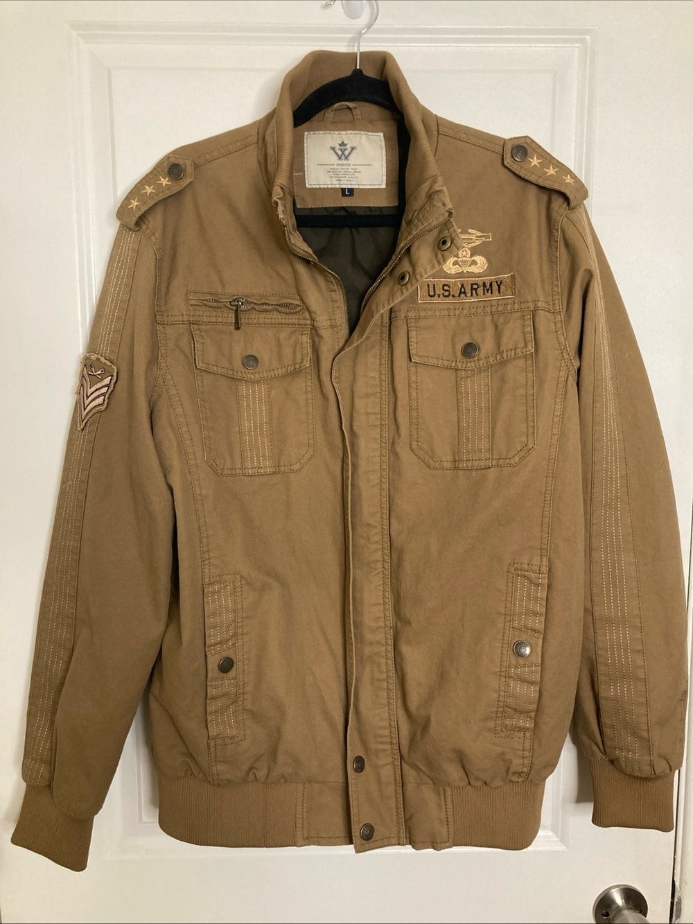 Wenven Bomber Jacket Men’s Military Style Canvas Full Zip Jacket Pockets Sz L